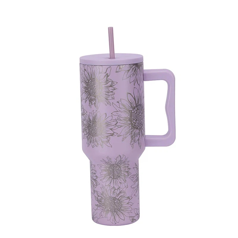 40oz Flower Lasered Thermal Travel Mug With Handle